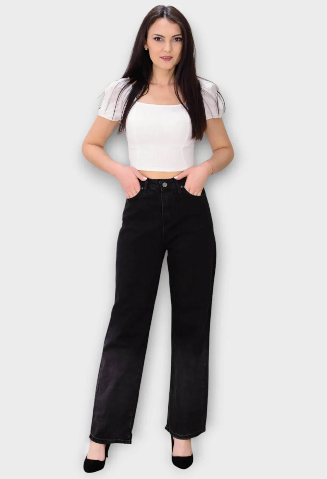 Blugi Negri Wide Leg cu Talie Inalta Usor Decolorati