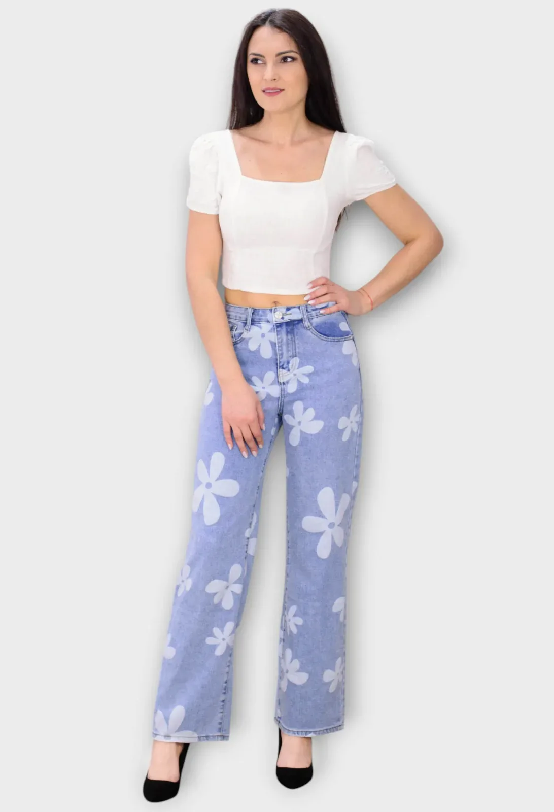 Blugi Albastri Wide Leg cu Talie Inalta si Imprimeu Floral