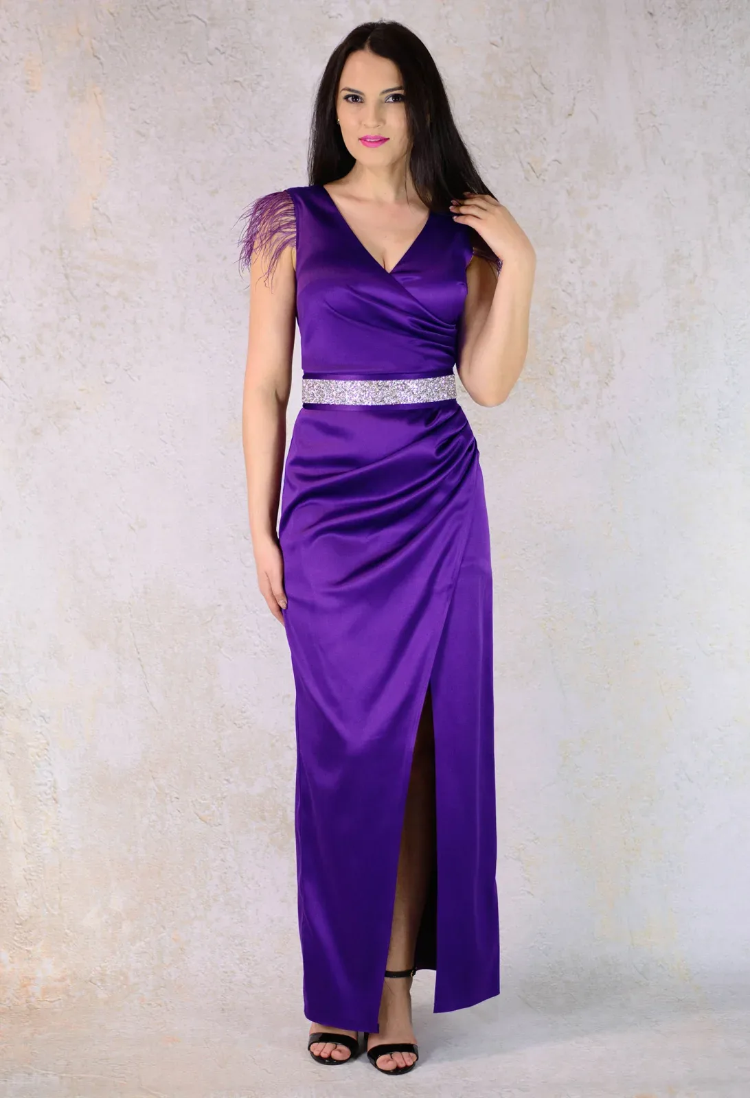 Rochie Ella Collection Lunga din Tafta si Pene Violet
