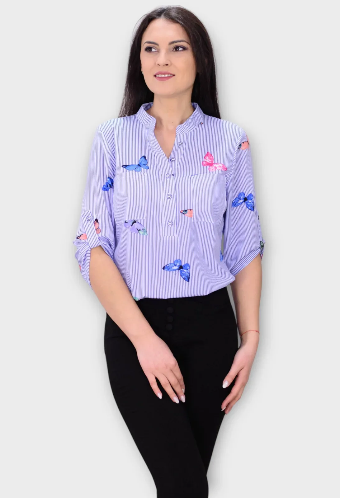 Bluza Albastra cu Dungi si Imprimeu cu Fluturi