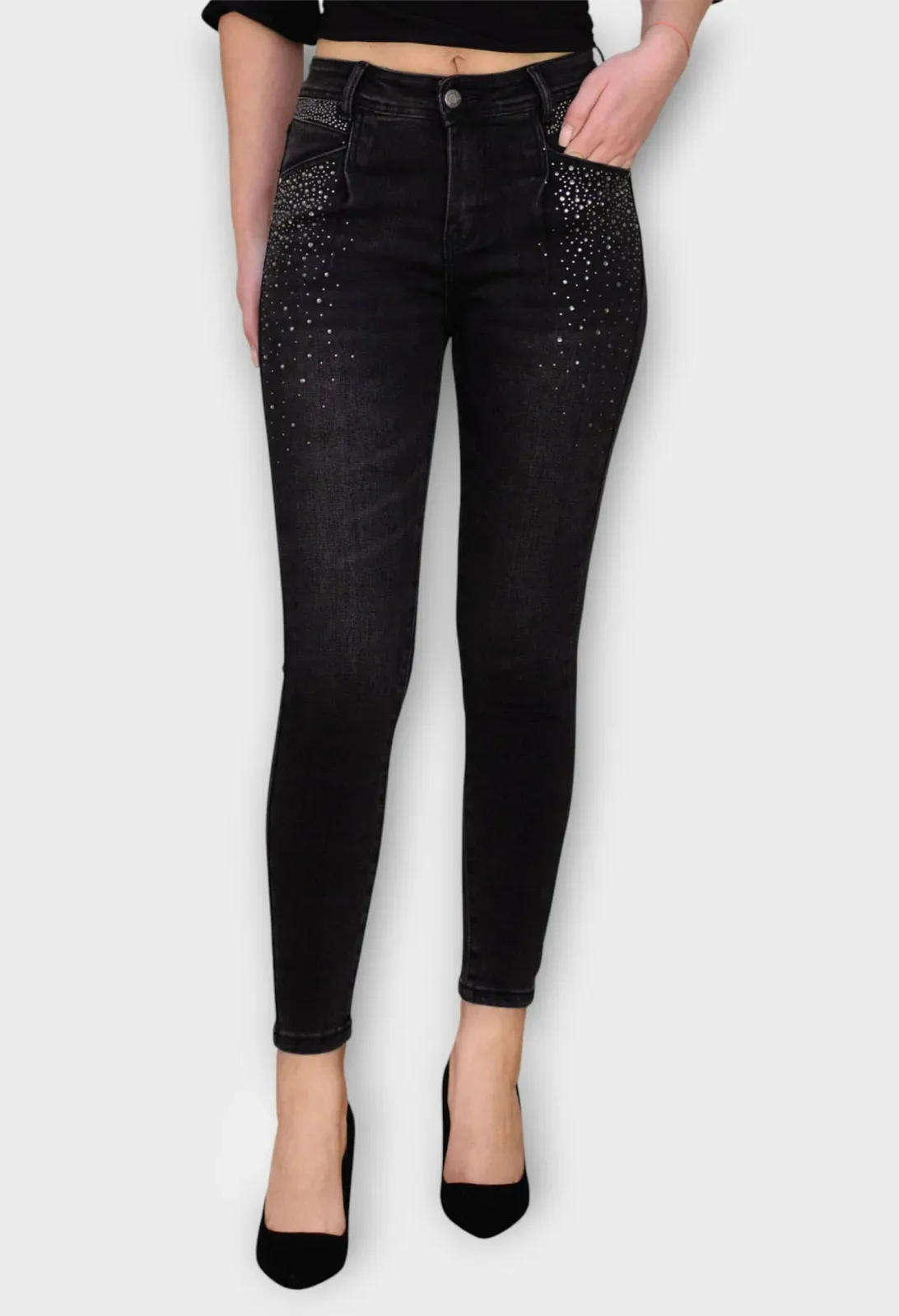 Blugi Negri Skinny cu Talie Inalta si Cristale Aplicate