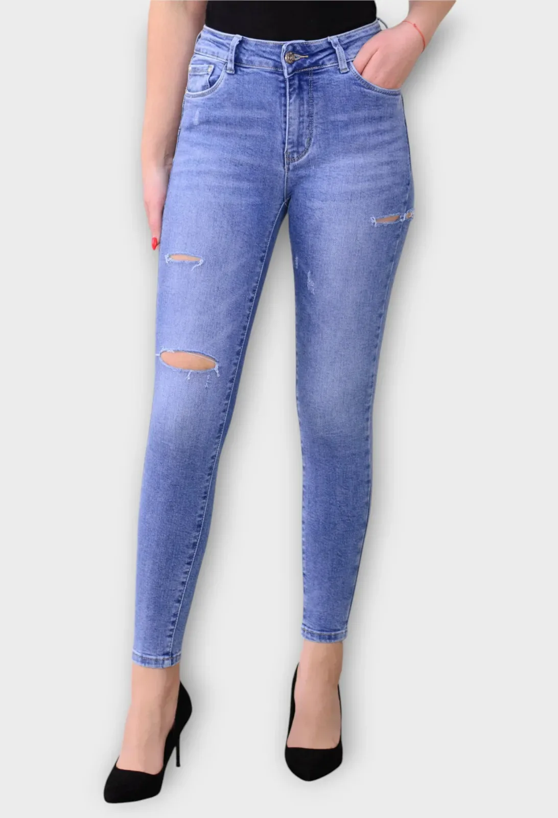 Blugi Albastri Skinny cu Talie Inalta si Taieturi