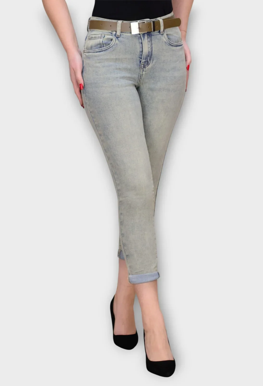 Blugi Gri Mom Fit cu Talie Inalta si Curea