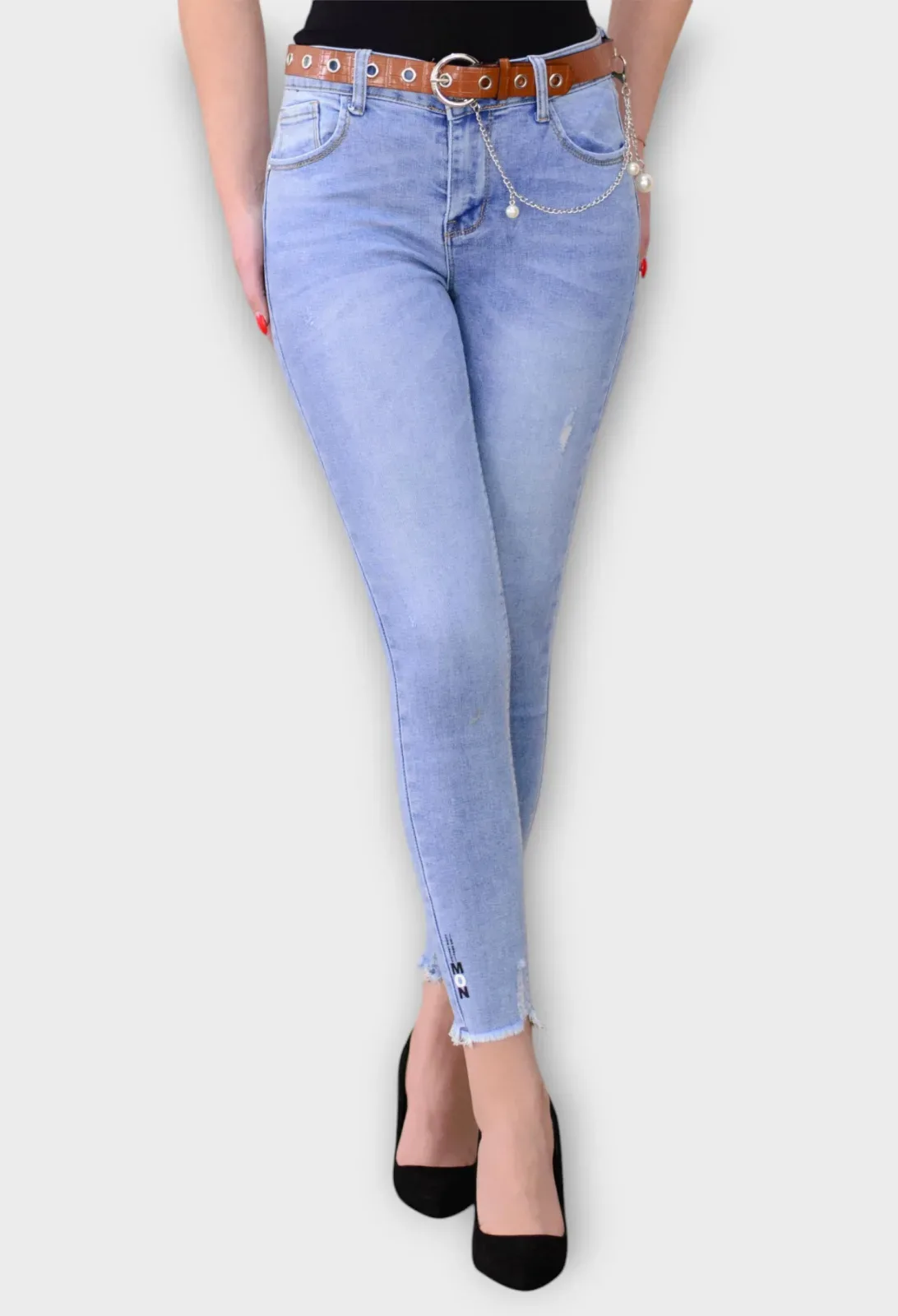 Blugi Albastri Skinny cu Talie Inalta si Curea