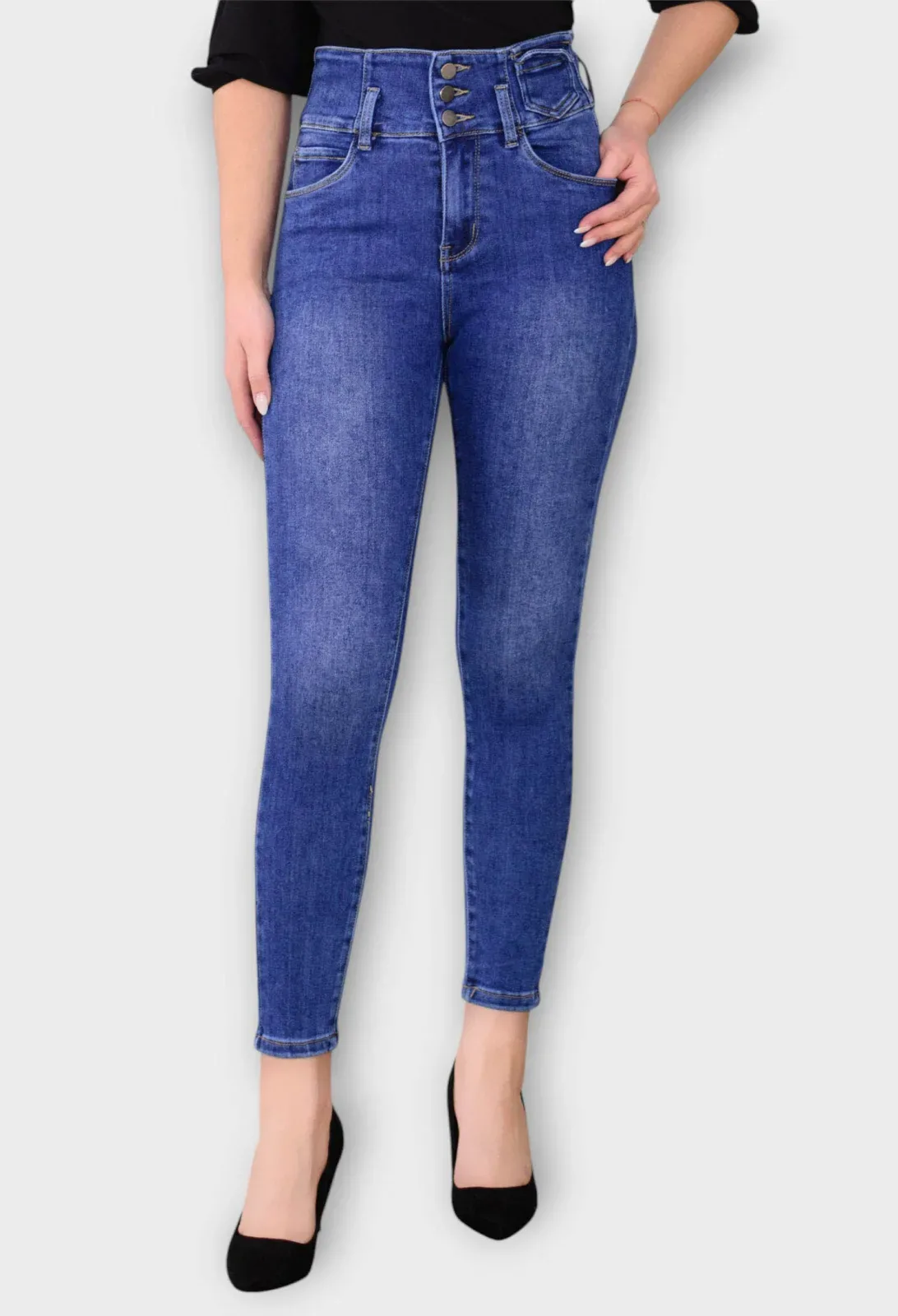 Blugi Albastri Skinny cu Talie Inalta Tip Corset
