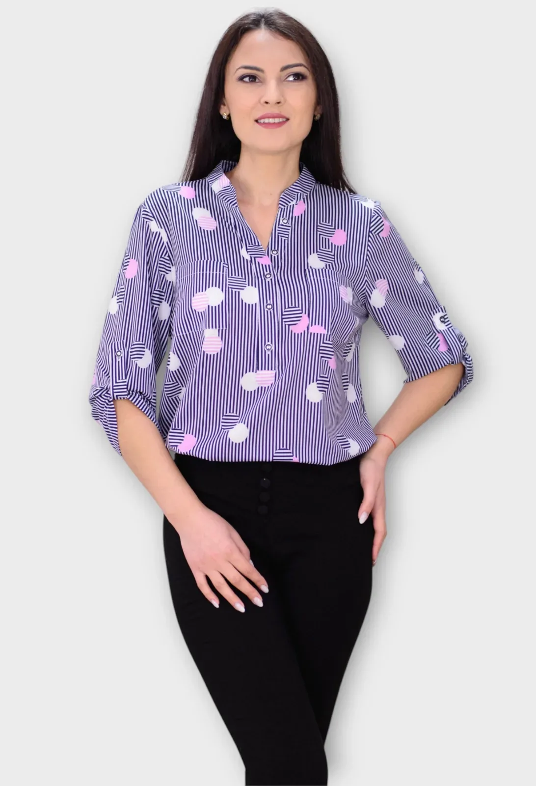 Bluza Alba cu Dungi Bleumarin si Buline Colorate