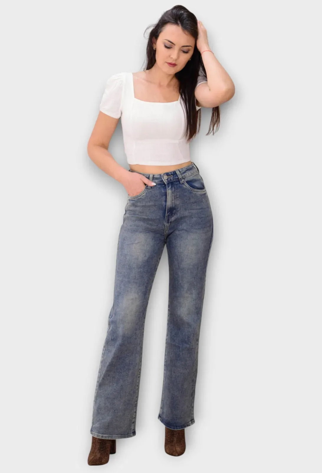 Blugi Albastri Wide Leg cu Talie Inalta Decolorati