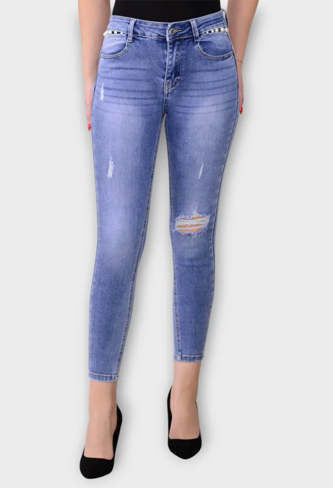 Blugi Albastri Skinny cu Talie Inalta si Perle