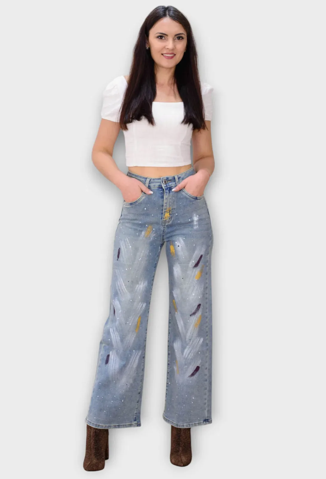 Blugi Albastri Wide Leg cu Talie Inalta si Cristale