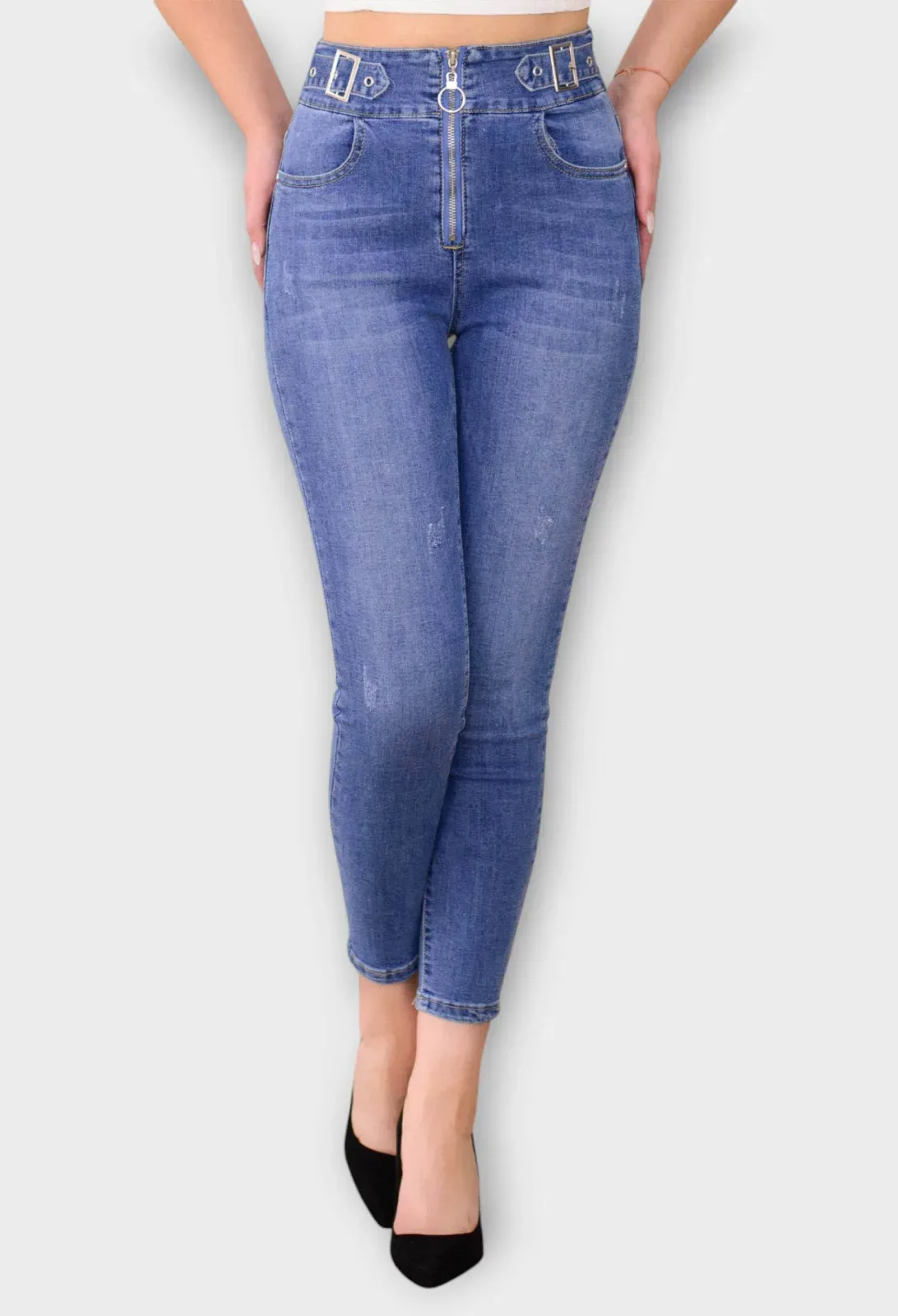 Blugi Albastri Skinny cu Talie Inalta si Fermoar